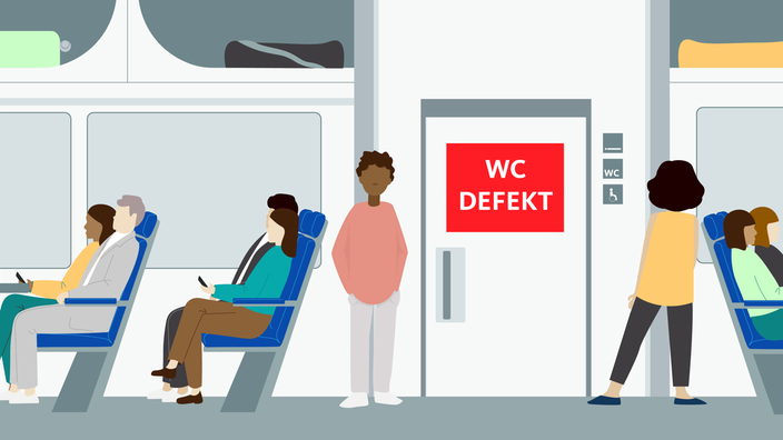 Illustration: Sitzplätze in einem Zug und ein WC, auf dem ein Schild "defekt" angebracht ist.