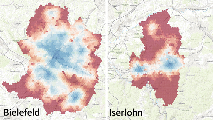 Zwei Karten zeigen, wie gut lange man in Bielefeld und Iserlohn braucht, um verschiedene Angebote des öffentlichen Lebens zu erreichen. 