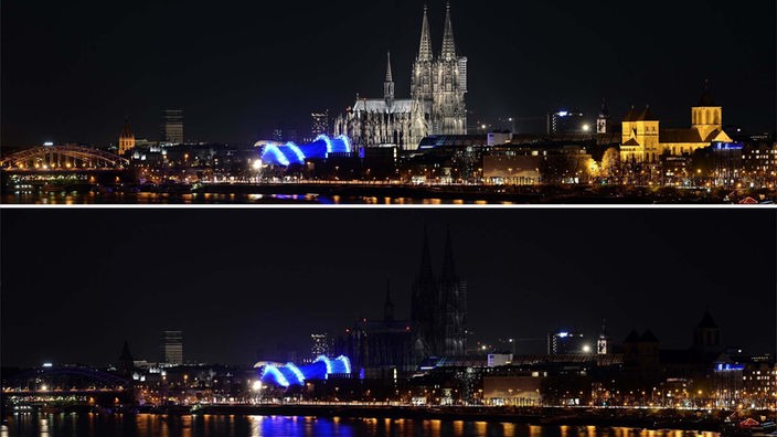 Der Kölner Dom erscheinen beleuchtet (oben) und während der «Earth Hour» und als dunkler Fleck in der Silhouette der Stadt (unten).