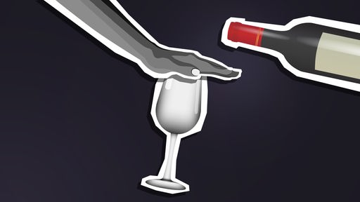 Illustration eines Glases, das von einer Hand abgedeckt wird, daneben eine Weinflasche