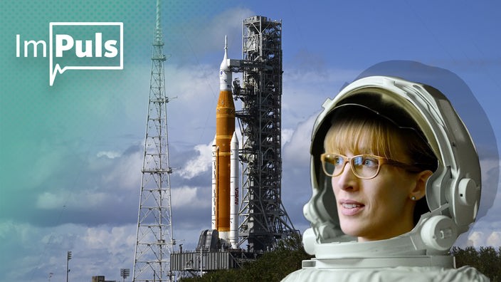 Eine Fotocollage zeigt die NASA-Mondrakete Artemis 1 und die angehende Astronautin Dr. Insa Thiele-Eich