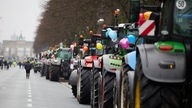 Landwirte stehen mit ihren Traktoren auf der Straße des 17. Juni in Berlin