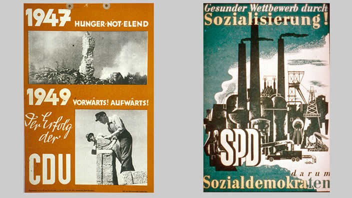Zwei Plakate von CDU und SPD zur ersten Bundestagswahl 