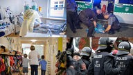 Collage: rechts oben: zwei Zollbeamte bei einer Razzia, unten rechts: Polizeibeamte bei einer Demo, links unten: eine Erzieherin mit zwei Kindern in der Kita, rechts oben: ein Krankenpfleger bei der Versorgung eines Patienten.