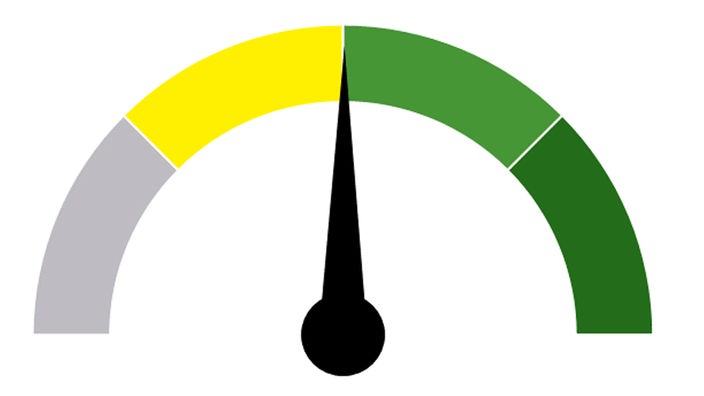 Auf einer Tacho-Grafik steht der Ausschlag zwischen Gelb und Hellgrün