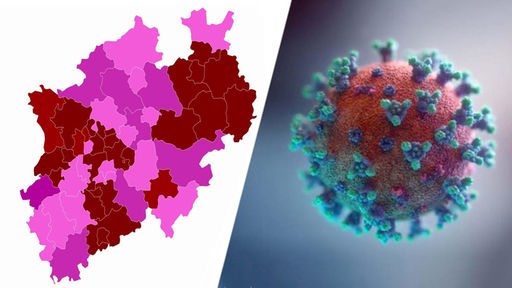 Links: Eine Karte von NRW zeigt verschiedene Kreise und deren Inzidenz, rechts: Das Coronavirus ist abgebildet.