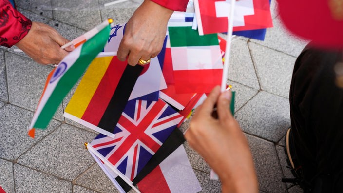 Menschen ergreifen Fahnen auf der COP28 in Dubai