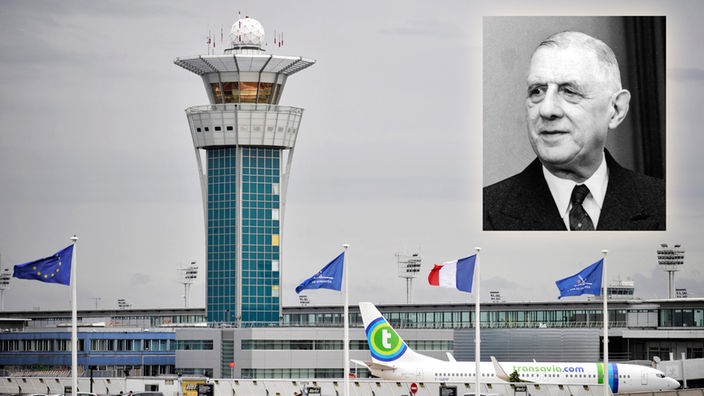 Montage: Tower des Flughafens Paris-Charles-de-Gaulle, rechts oben Portrait Charles de Gaulle