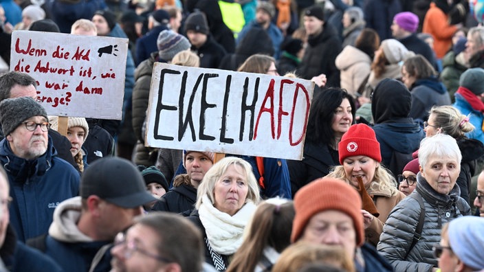 Demonstrationsteilnehmer halten ein Schild "EkelhAfD". 