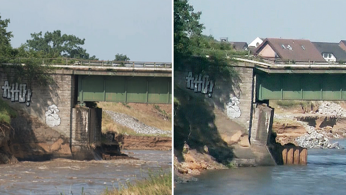 Vergleich der unterspülten Eisenbahnbrücke in Dinslaken