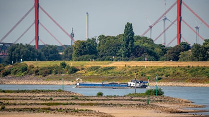 Der Rhein mit extremen Niedrigwasser, hier bei Duisburg-Beeckerwerth, Frachtschiffe fahren nur noch mit stark reduzierter Ladung.
