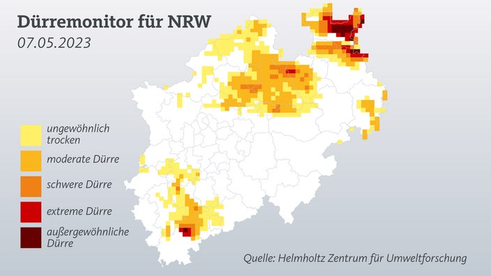 Dürremonitor für NRW: Die Grafik zeigt trockene Gebiete in NRW am 07.05.2023 - teils mit "außergewöhnlicher Dürre".