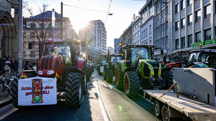 Landwirte mit Traktoren stehen vor der Landes-Parteizentrale der Grünen in Düsseldorf.