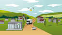 Eine Illustration zeigt ein Dorf, darin ein Dorfladen, ein Lieferwagen, ein kleiner Roboter auf Rädern und eine Lieferdrohne in der Luft.