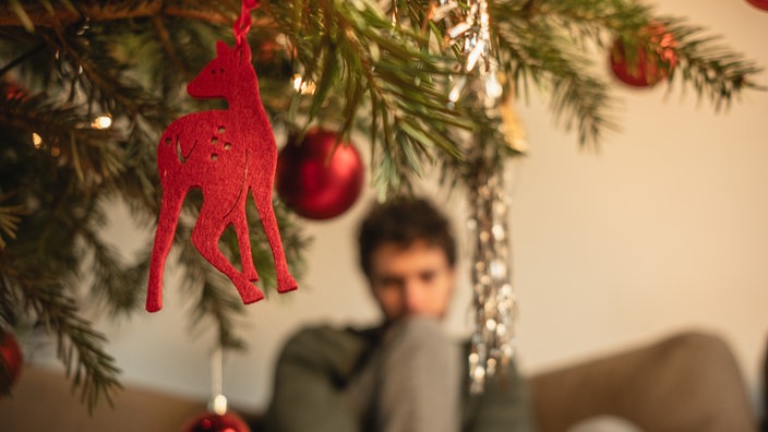 Junger Mann alleine hinter einem Tannebaum