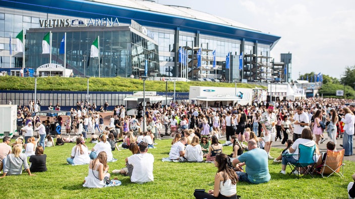 Fans sitzen auf der Wiese vor der Veltins-Arena