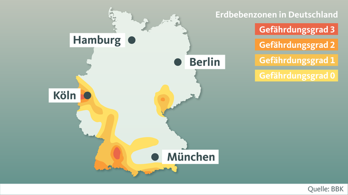 Die Grafik zeigt die Gefährdungsgrade für Erdbeben in Deutschland.