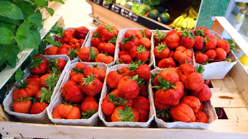 Erdbeerpackungen liegen in einer Obsttheke in einem Supermarkt