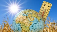 Sonne, Thermometer, Erdkugel, Trockenerboden/ Symbolbild zur Erderwärmung/ ILLUSTRATION