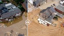 Zwei nebeneinander gelegten Aufnahmen zeigen die Zerstörung in Erftstadt-Blessem wenige Tage und drei Monate nach der Unwetter-Katastrophe.