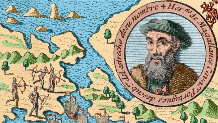 Rundes Bildnis Ferdinand Magellans auf zeitgen. Karte der Philippinen