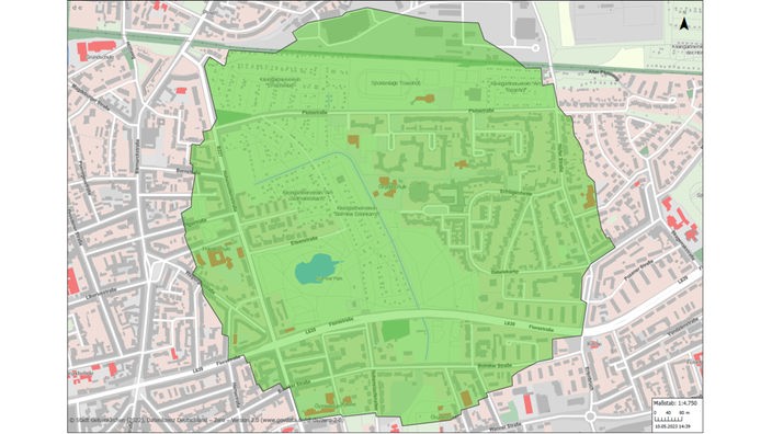 Eine Karte der Stadt Gelsenkirchen. Grün eingefärbt ist der Bereich der Evakuierung.