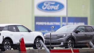  Ford Elektroautos vom Typ Explorer stehen auf Autotransportern auf dem Werksgelände von Ford.