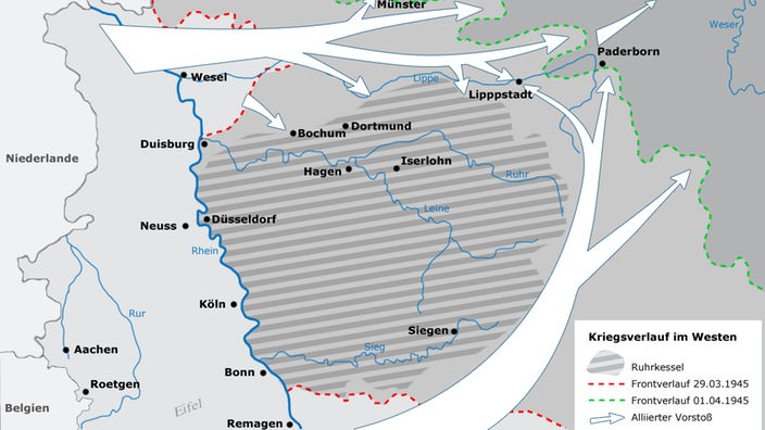 Karte zeigt alliierten Vorstoß im Westen, zwischen September 1994 und April 1945
