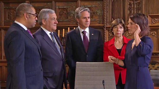 Außenminister Cleverly, Tajani und Blinken sowie die Außenministerinnen Colonna und Baerbock
