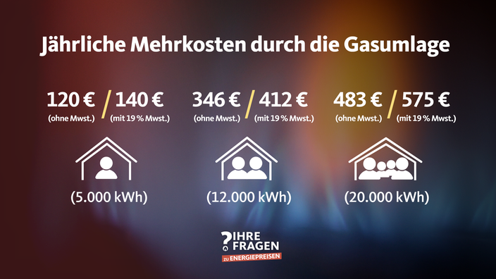 Die Grafik zeigt die jährlichen Mehrkosten durch die Gasumlage auf. 