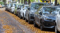 Geparkte Autos mit Herbstlaub auf der Straße