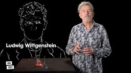 3Sat-Moderator Gert Scobel vor einer Illustration von Ludwig Wittgenstein