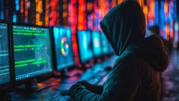 Symbolbild Hacker: Eine Person sitzt mit Kaputzenpullover vermummt vor einem Rechner auf dem das Google Logo zu sehen ist