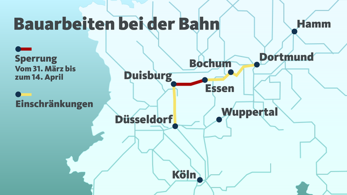 Die Grafik zeigt aktuelle Bauarbeiten und Sperrungen der Bahn in NRW.