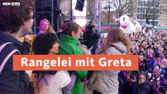 Greta Thunberg auf einer Bühne mit Klimaaktivisten, ein Banner mit "Rangelei mit Greta" daraufgelegt