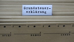  An einem Hängeregister steht der Schriftzug Grundsteuererklärung