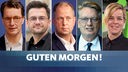 Hendrik Wüst (CDU), Thomas Kutschaty (SPD), Joachim Stamp (FDP), Markus Wagner (AfD), Mona Neubaur (Grüne), darüber ein blauer Banner mit der Aufschrift "Guten Morgen!".