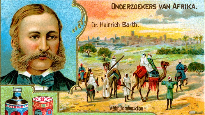 Farbige Gedenkpostkarte mit Afrika-Szene und Porträt von Heinrich Barth