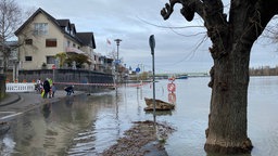 In Köln-Rodenkirchen ist in der Nähe des Rhein-Ufers eine Straße überschwemmt