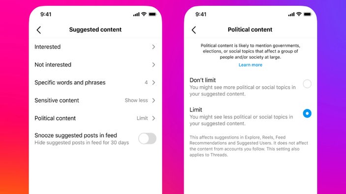 Screenshot der Einstellungen zum angezeigten Content auf Instagram/Threads