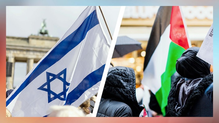 Foto-Montage mit einer Israel- und einer Palästina-Flagge bei Demonstrationen