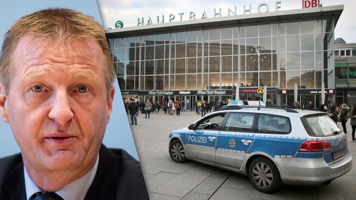 Montage: NRW Innenminister Ralf Jäger, Hauptbahnhof Köln mit Polizeiwagen