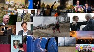 Eine Collage von Bildern, die thematisch einen Rückblick auf das vergangene Jahr 2022 werfen. Dabei vertreten ist der Ukraine-Krieg, dir Proteste im Iran, die Razzia bei den Reichsbürgern, der Tod von Malte beim CSD und die Protest-Aktion des DFB. 