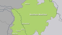 NRW Karte mit den Städten: Jülich, Aachen, Köln, Düsseldorf, Ahaus