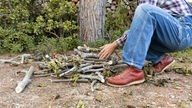 Ein junger Mann sammelt Brennholz im Wald