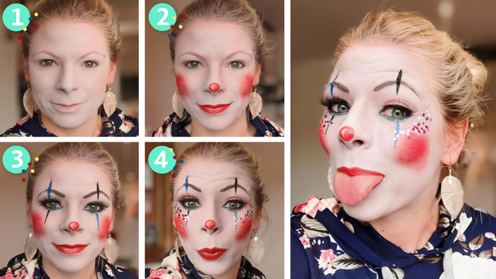Erklärung durch fünf Bilder, wie man sich an Karneval als Clown schminken kann.