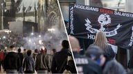 Montage: Feuerwerkskörper in Menschenmenge auf Kölner Bahnhofsvorplatz, Hogesa-Demonstranten