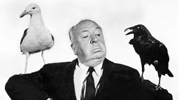 Der Regisseur Alfred Hitchcock hat auf der rechten Schulter eine Möwe und auf der linken eine Krähe sitzen.