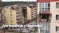 Zerbombte Häuser wegen des Kriegs in der Ukraine, davor der Schriftzug "Für Ukrainer in Deutschland"