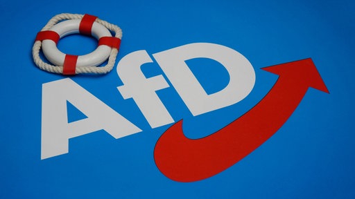 Auf einem Faehnchen der AfD liegt ein Rettungsring.